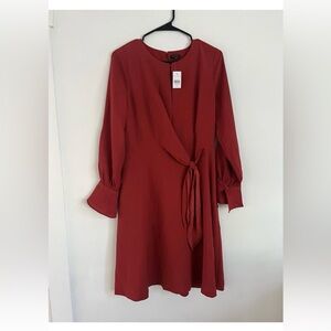 Ann Taylor Red Wrap-Style Long Sleeve Midi Dress Size 8 NWT